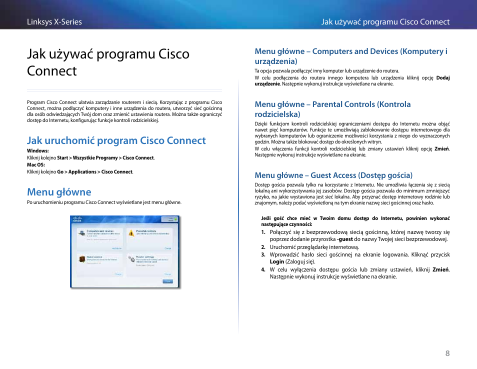 Jak używać programu cisco connect, Jak uruchomić program cisco connect, Menu główne | Linksys X-Series User Manual | Page 465 / 765