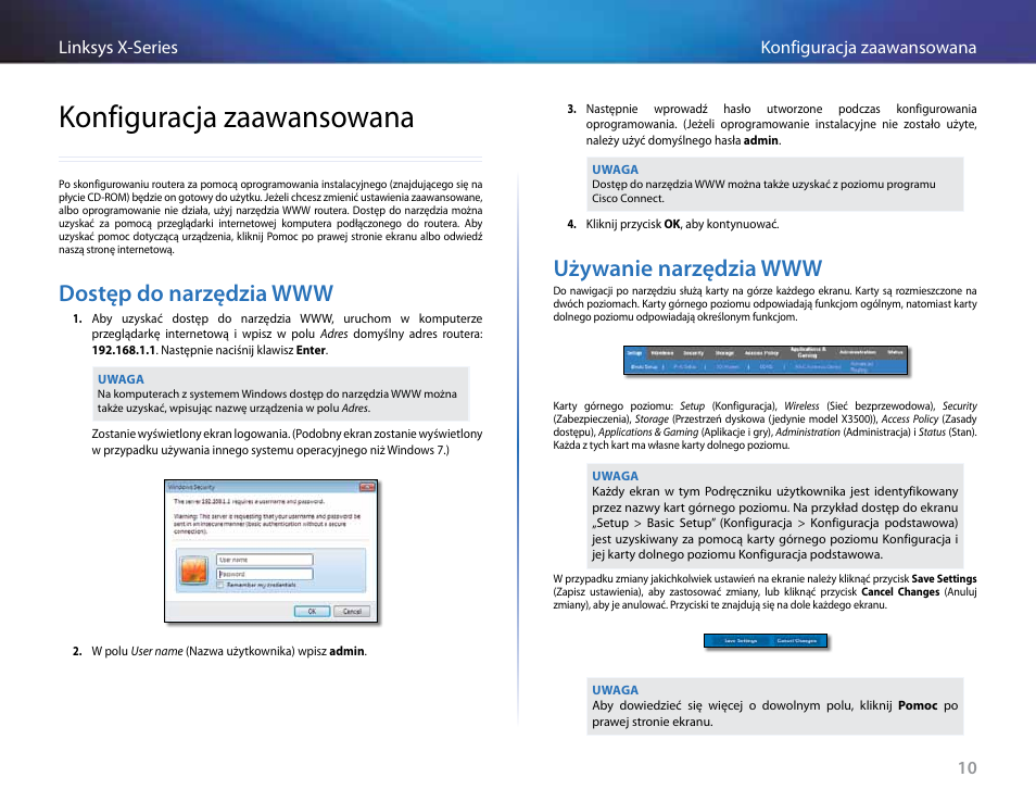 Konfiguracja zaawansowana, Dostęp do narzędzia www, Używanie narzędzia www | Dostęp do narzędzia www używanie narzędzia www, 10 konfiguracja zaawansowana linksys x-series | Linksys X-Series User Manual | Page 467 / 765