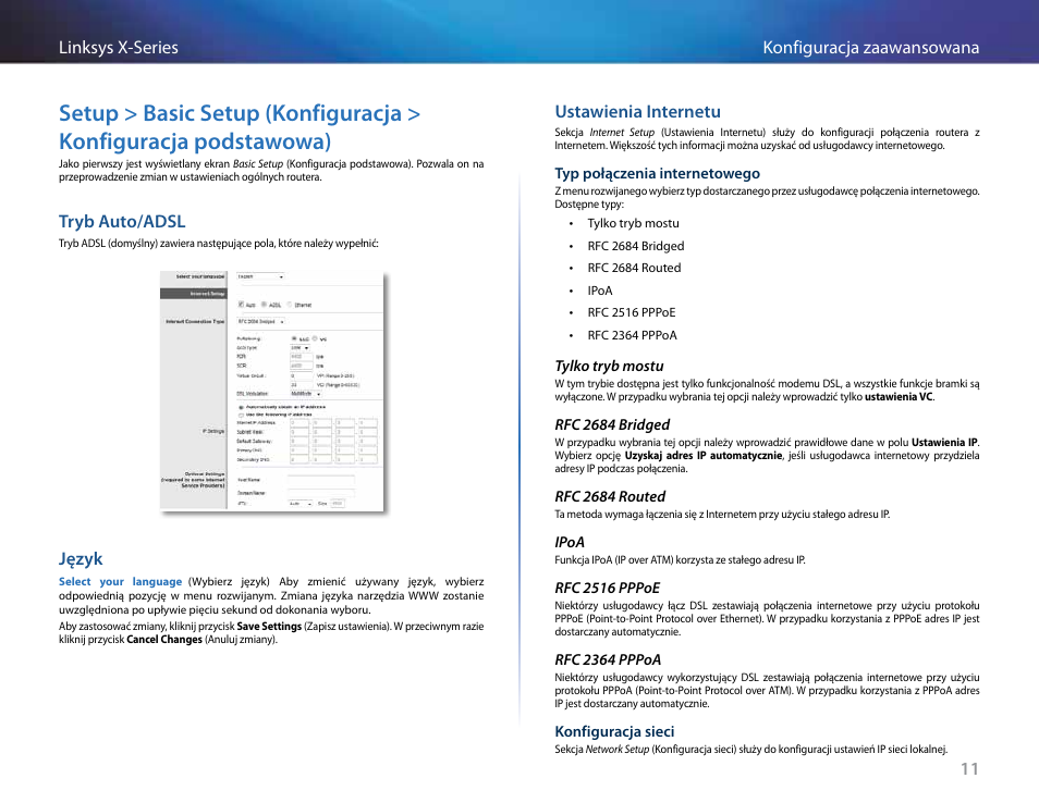 Tryb auto/adsl, Język, Ustawienia internetu | Setup > basic setup (konfiguracja, Konfiguracja podstawowa), 11 konfiguracja zaawansowana linksys x-series | Linksys X-Series User Manual | Page 468 / 765