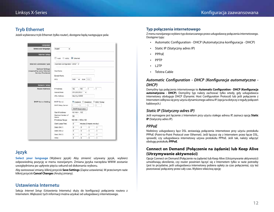 Tryb ethernet, Język, Ustawienia internetu | Linksys X-Series User Manual | Page 469 / 765