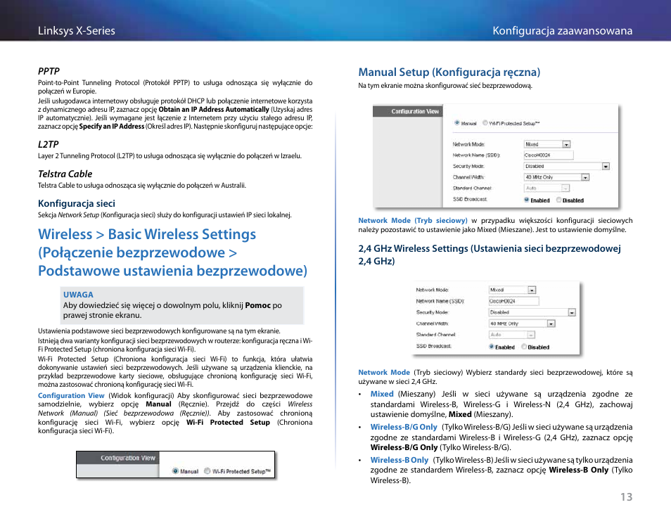 Manual setup (konfiguracja ręczna), Podstawowe ustawienia bezprzewodowe), 13 konfiguracja zaawansowana linksys x-series | Linksys X-Series User Manual | Page 470 / 765