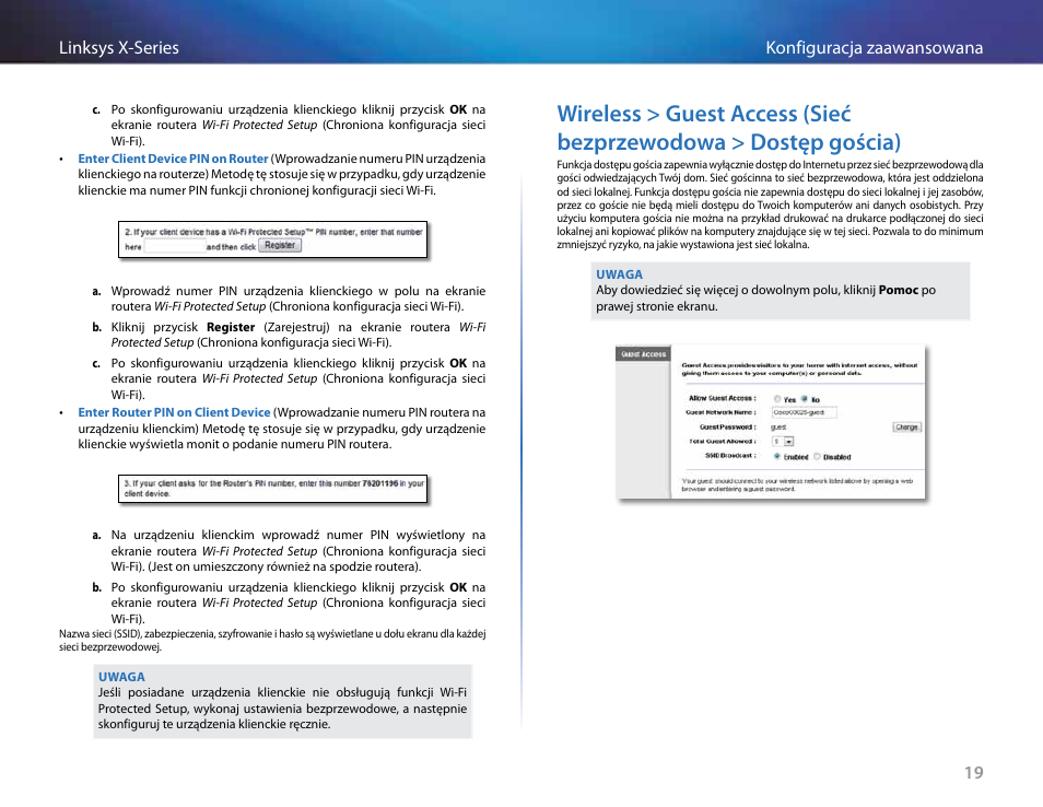 Wireless > guest access, Sieć bezprzewodowa > dostęp gościa), 19 konfiguracja zaawansowana linksys x-series | Linksys X-Series User Manual | Page 476 / 765