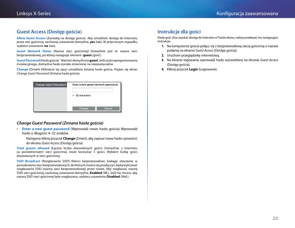 Guest access (dostęp gościa), Instrukcje dla gości | Linksys X-Series User Manual | Page 477 / 765