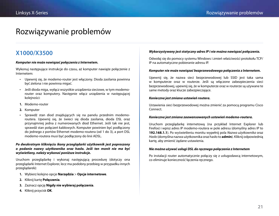 Rozwiązywanie problemów, X1000/x3500, 21 rozwiązywanie problemów linksys x-series 21 | Linksys X-Series User Manual | Page 478 / 765