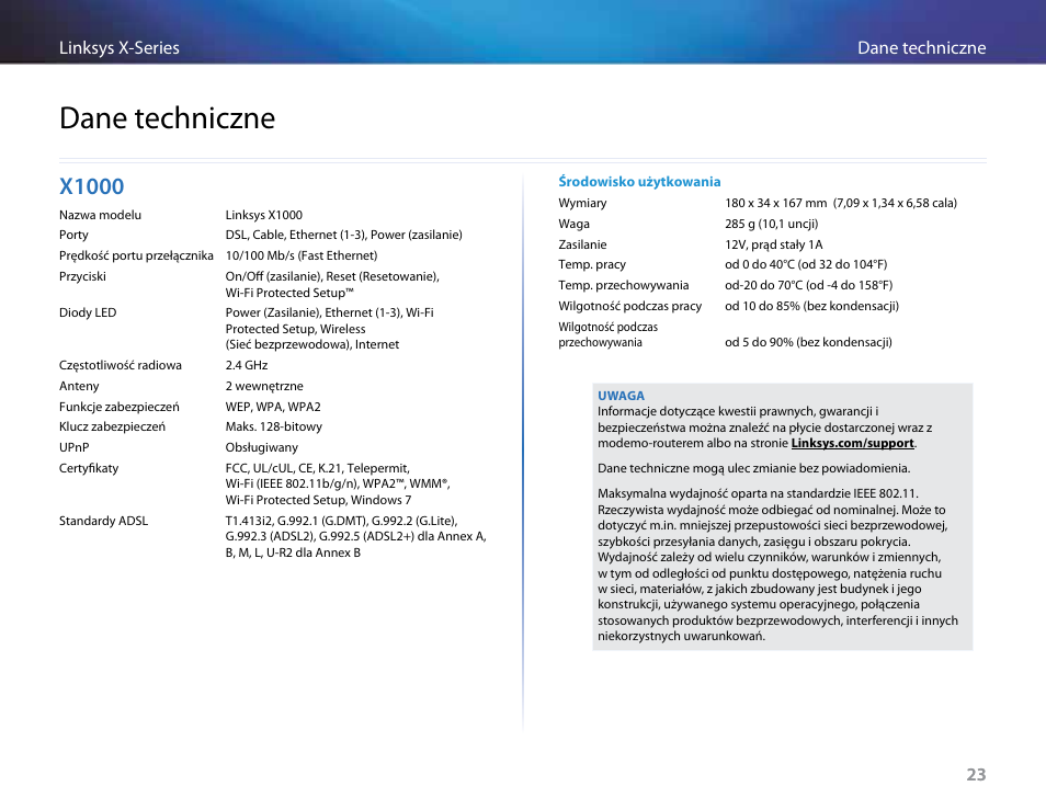 Dane techniczne, X1000 | Linksys X-Series User Manual | Page 480 / 765