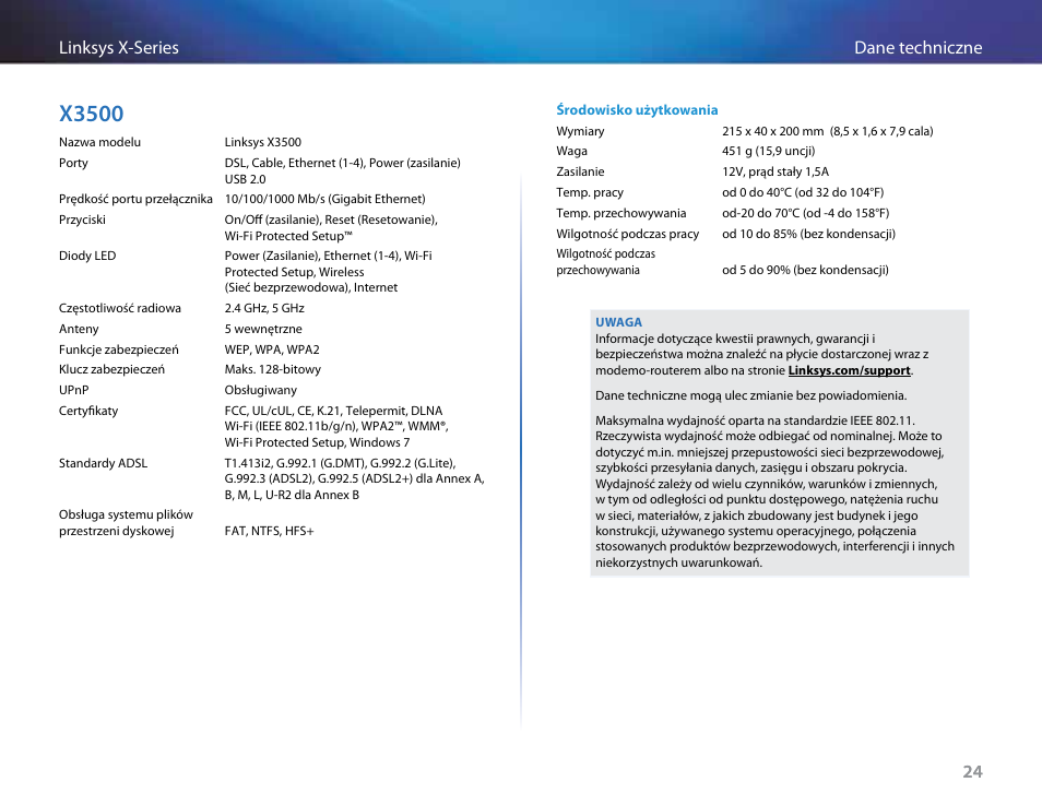 X3500, 24 dane techniczne linksys x-series 24 | Linksys X-Series User Manual | Page 481 / 765