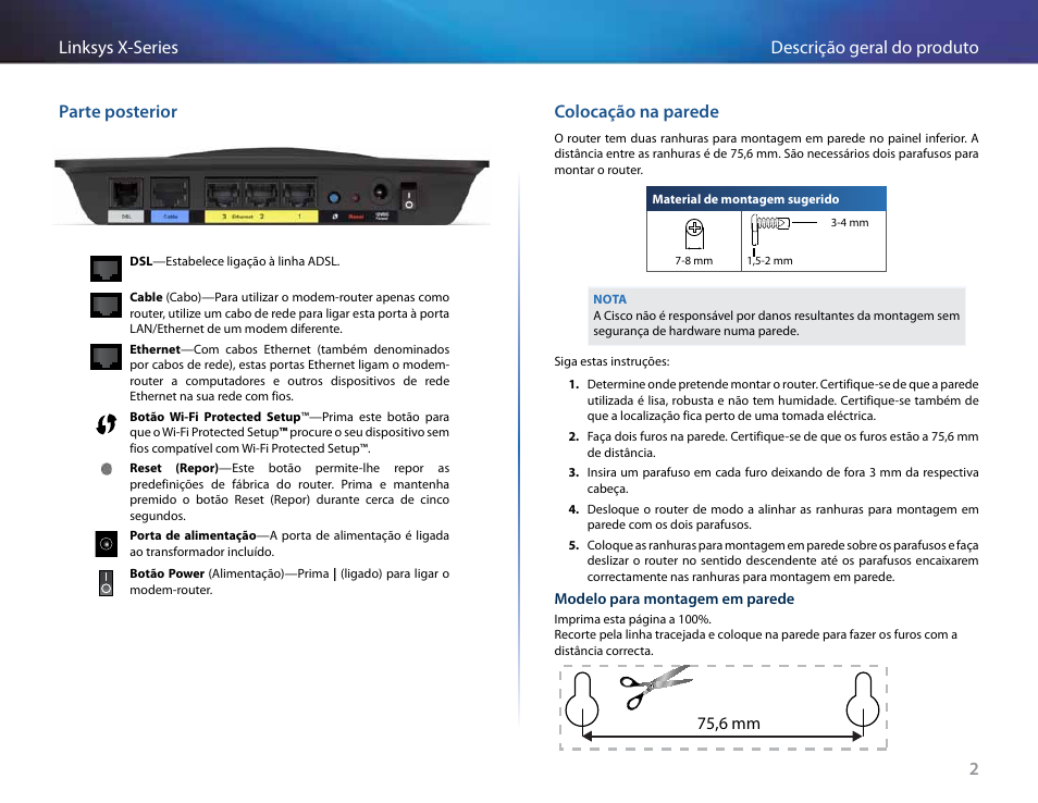 Parte posterior, Colocação na parede, 75,6 mm | Linksys X-Series User Manual | Page 486 / 765