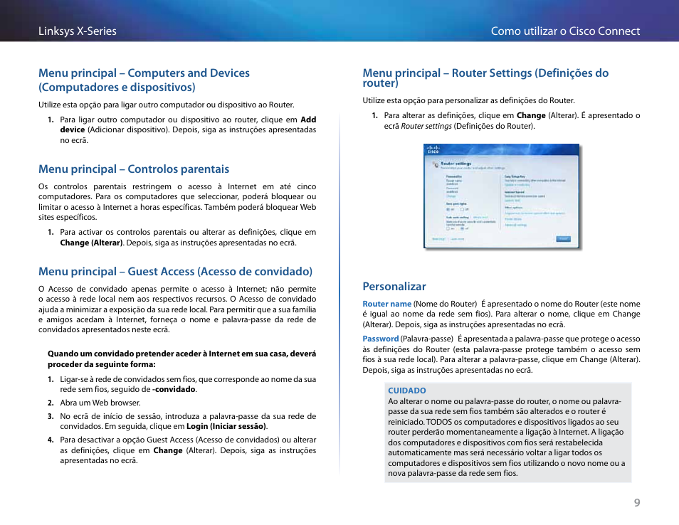 Menu principal – controlos parentais, Personalizar, Menu principal – computers and devices | Computadores e dispositivos) | Linksys X-Series User Manual | Page 493 / 765