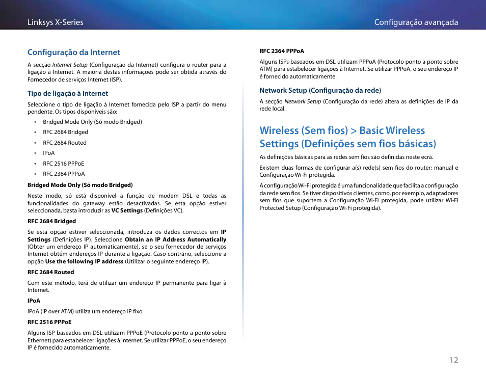 Configuração da internet, Wireless (sem fios) > basic wireless settings, Definições sem fios básicas) | Linksys X-Series User Manual | Page 496 / 765