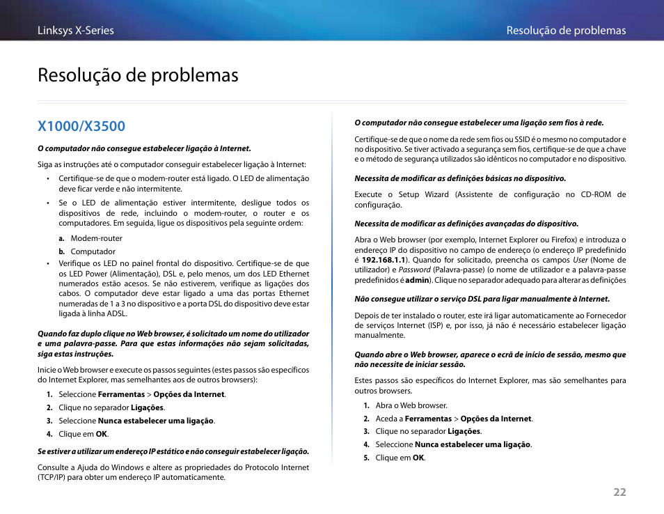 Resolução de problemas, X1000/x3500, 22 resolução de problemas linksys x-series 22 | Linksys X-Series User Manual | Page 506 / 765