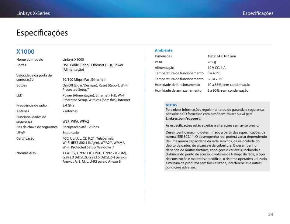 Especificações, X1000 | Linksys X-Series User Manual | Page 508 / 765