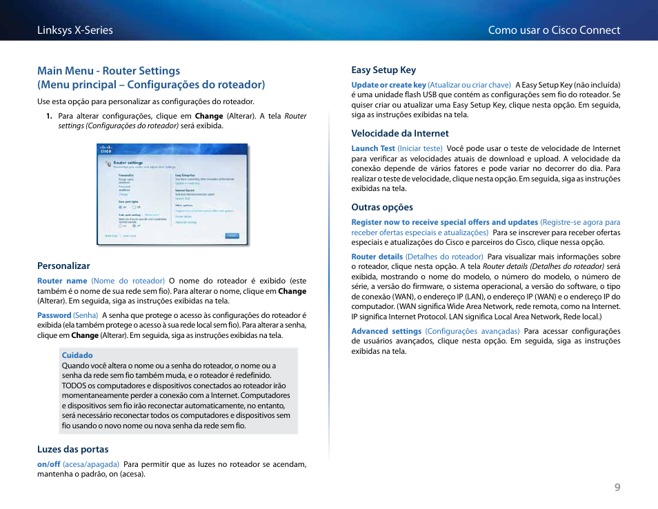 Main menu - router settings, Menu principal – configurações do roteador) | Linksys X-Series User Manual | Page 521 / 765