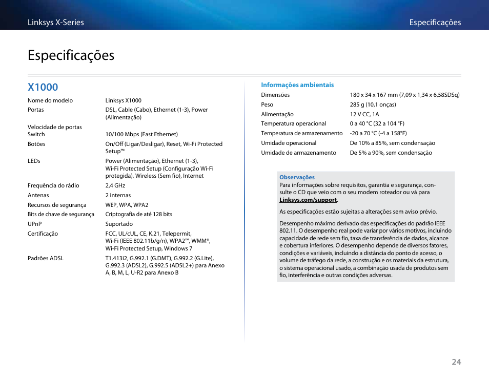 Especificações, X1000 | Linksys X-Series User Manual | Page 536 / 765