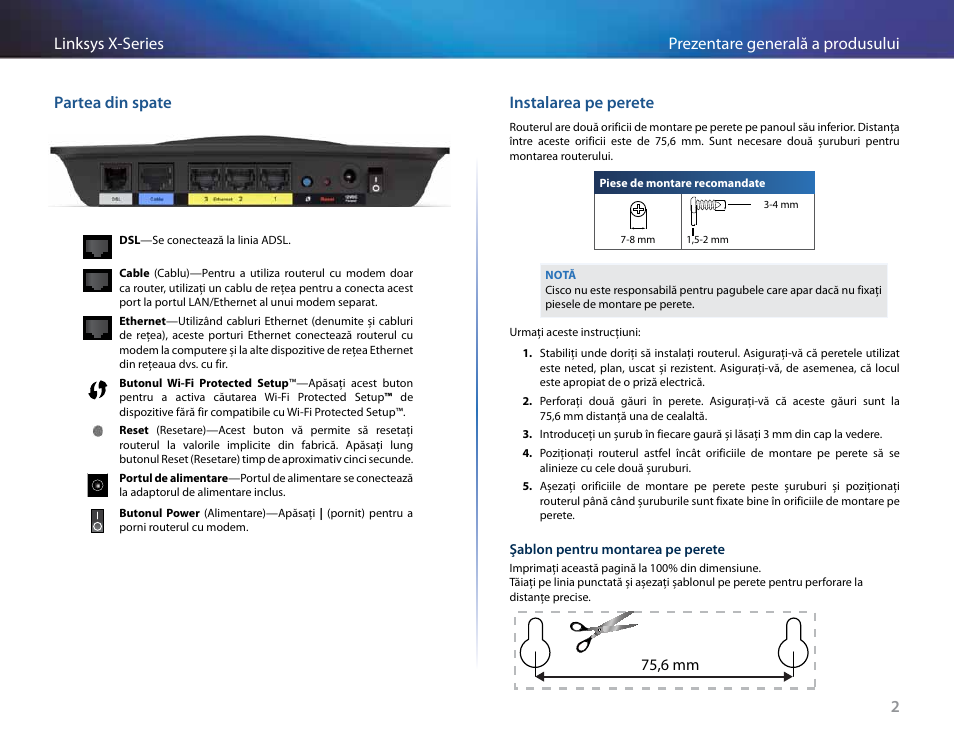 Partea din spate, Instalarea pe perete, 75,6 mm | Linksys X-Series User Manual | Page 542 / 765