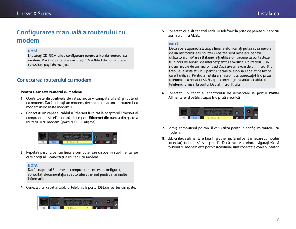 Configurarea manuală a routerului cu modem, Conectarea routerului cu modem | Linksys X-Series User Manual | Page 547 / 765