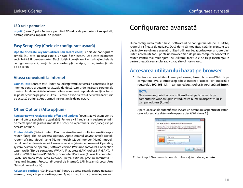 Easy setup key (cheie de configurare uşoară), Viteza conexiunii la internet, Other options (alte opţiuni) | Configurarea avansată, Accesarea utilitarului bazat pe browser | Linksys X-Series User Manual | Page 550 / 765