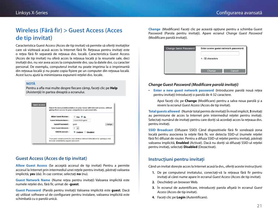 Guest access (acces de tip invitat), Instrucţiuni pentru invitaţi | Linksys X-Series User Manual | Page 561 / 765