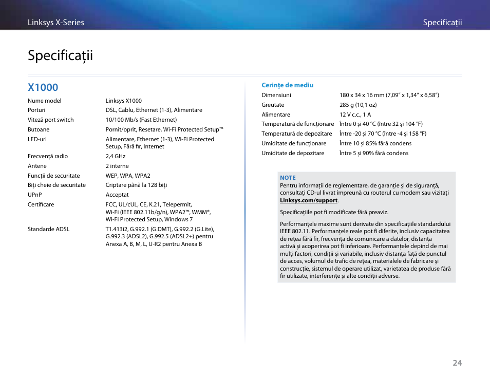 Specificaţii, X1000 | Linksys X-Series User Manual | Page 564 / 765