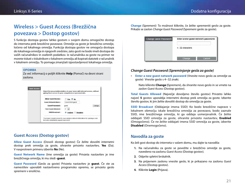 Guest access (dostop gostov), Navodila za goste | Linksys X-Series User Manual | Page 619 / 765