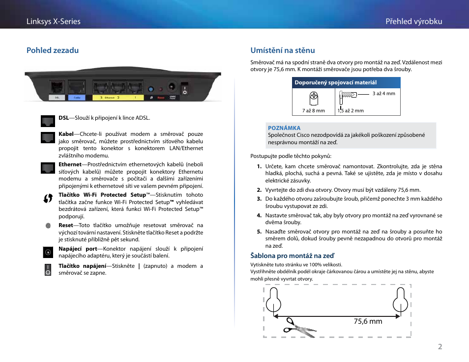 Pohled zezadu, Umístění na stěnu, 2přehled výrobku linksys x-series pohled zezadu | 75,6 mm | Linksys X-Series User Manual | Page 62 / 765