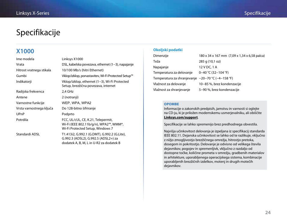 Specifikacije, X1000 | Linksys X-Series User Manual | Page 622 / 765