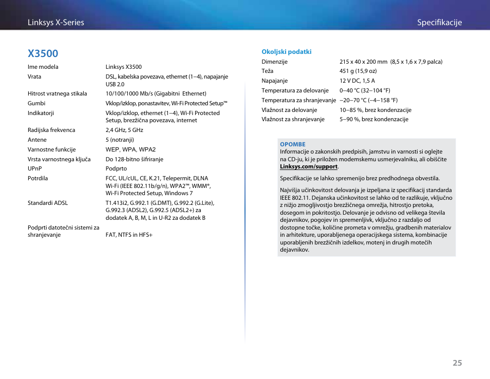 X3500, 25 specifikacije linksys x-series 25 | Linksys X-Series User Manual | Page 623 / 765