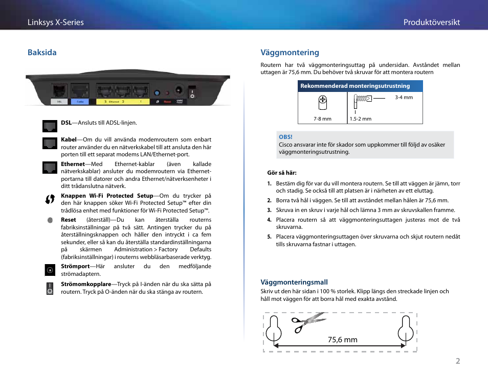 Baksida, Väggmontering, 2produktöversikt linksys x-series baksida | 75,6 mm | Linksys X-Series User Manual | Page 628 / 765