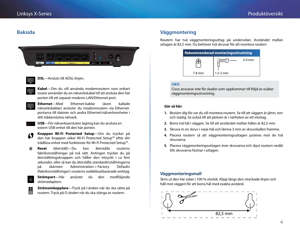 Baksida, Väggmontering, 4produktöversikt linksys x-series baksida | Linksys X-Series User Manual | Page 630 / 765