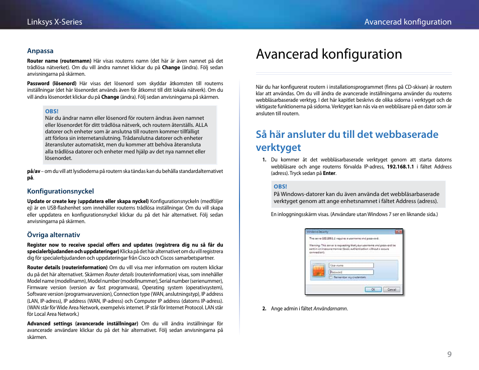 Avancerad konfiguration, Så här ansluter du till det webbaserade verktyget, 9avancerad konfiguration linksys x-series | Linksys X-Series User Manual | Page 635 / 765