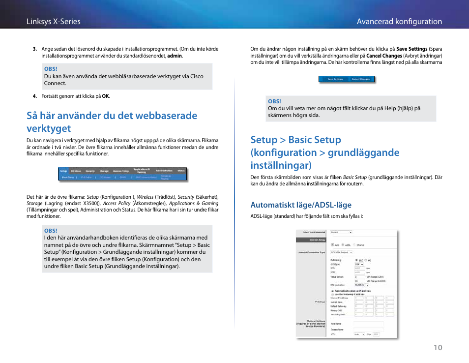 Så här använder du det webbaserade verktyget, Automatiskt läge/adsl-läge, Konfiguration > grundläggande inställningar) | Linksys X-Series User Manual | Page 636 / 765