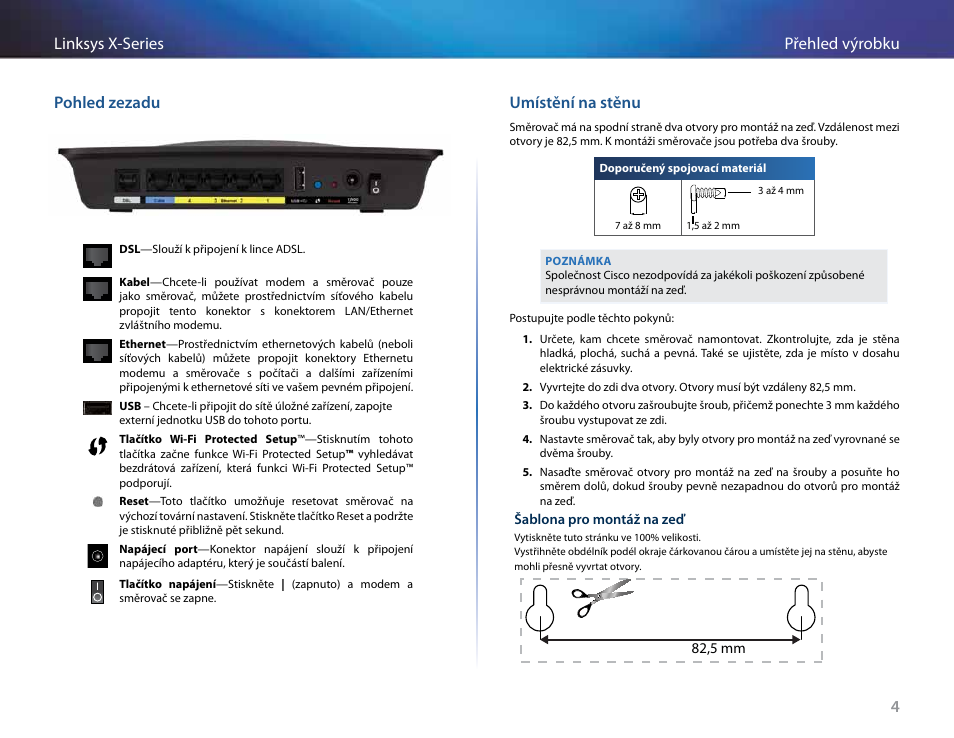 Pohled zezadu, Umístění na stěnu, 4přehled výrobku linksys x-series pohled zezadu | Linksys X-Series User Manual | Page 64 / 765