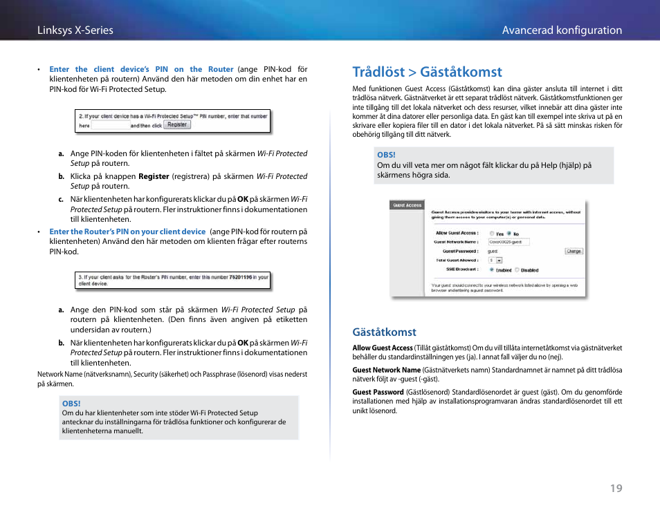 Trådlöst > gäståtkomst, Gäståtkomst, 19 avancerad konfiguration linksys x-series | Linksys X-Series User Manual | Page 645 / 765