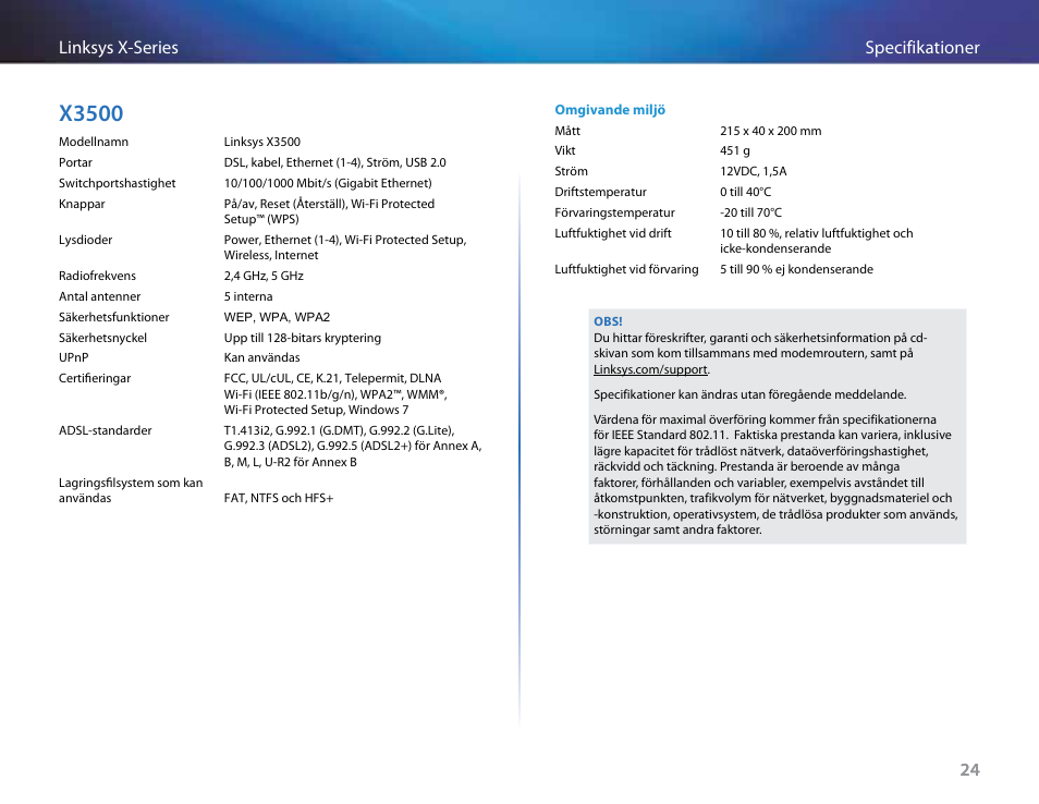 X3500, 24 specifikationer linksys x-series 24 | Linksys X-Series User Manual | Page 650 / 765