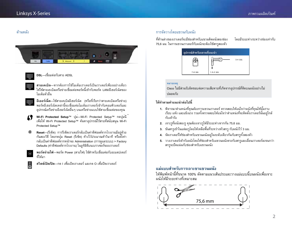 ด้านหลัง, การจัดวางโดยแขวนกับผนัง, แม่แบบส�าหรับการเจาะขาแขวนผนัง | Linksys X-Series User Manual | Page 655 / 765