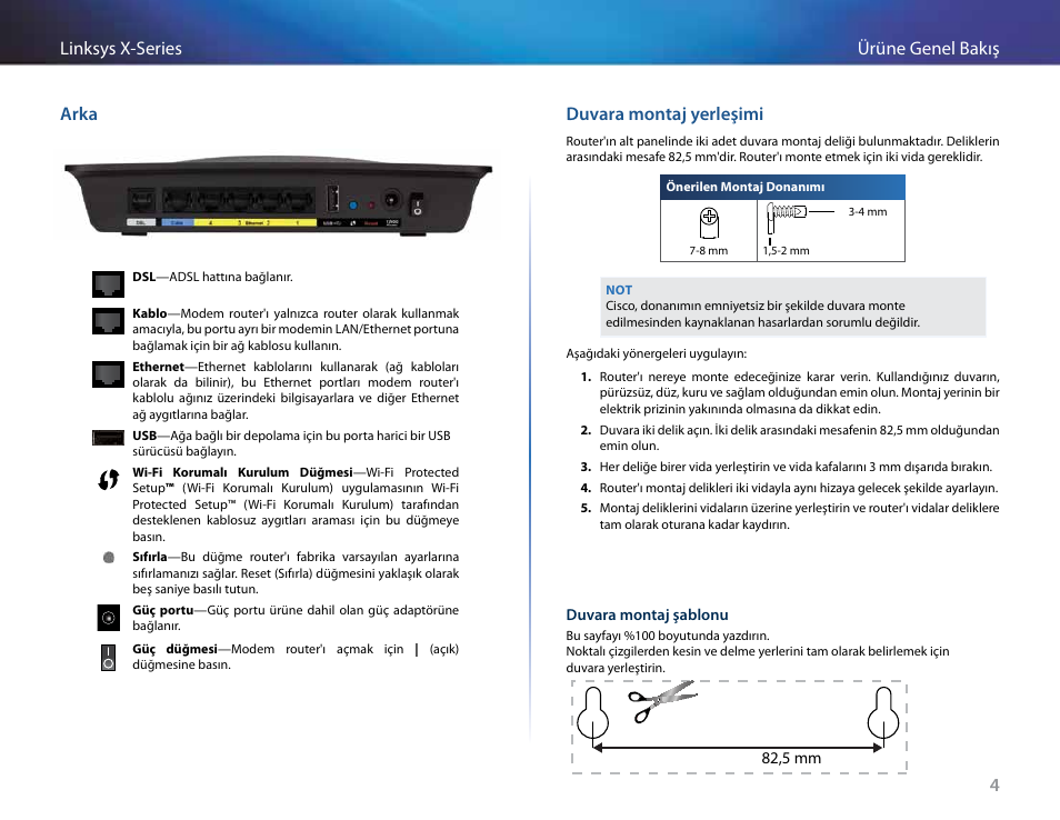 Arka, Duvara montaj yerleşimi, 4ürüne genel bakış linksys x-series arka | Linksys X-Series User Manual | Page 684 / 765