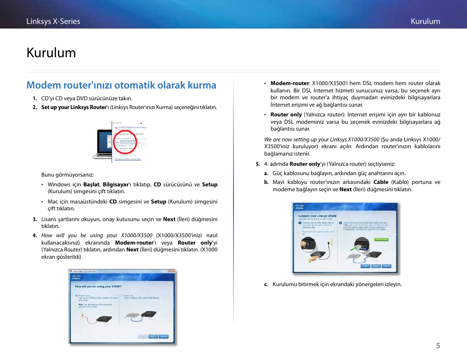 Kurulum, Modem router'ınızı otomatik olarak kurma, 5kurulum linksys x-series 5 | Linksys X-Series User Manual | Page 685 / 765