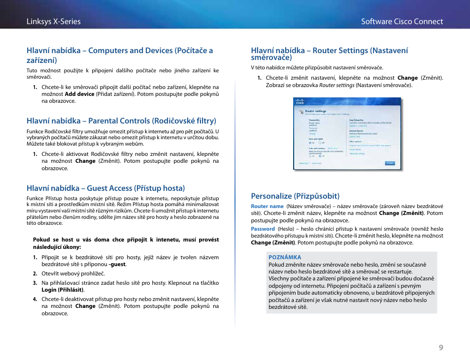 Hlavní nabídka – guest access (přístup hosta), Personalize (přizpůsobit) | Linksys X-Series User Manual | Page 69 / 765