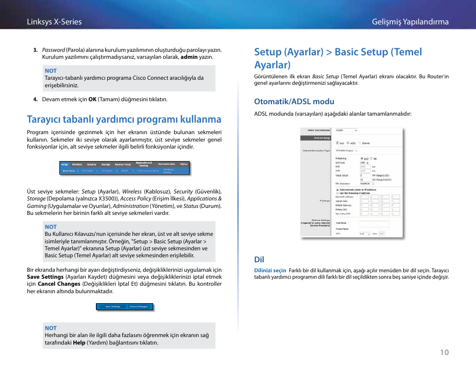 Tarayıcı tabanlı yardımcı programı kullanma, Setup (ayarlar) > basic setup (temel ayarlar), Otomatik/adsl modu | Linksys X-Series User Manual | Page 690 / 765