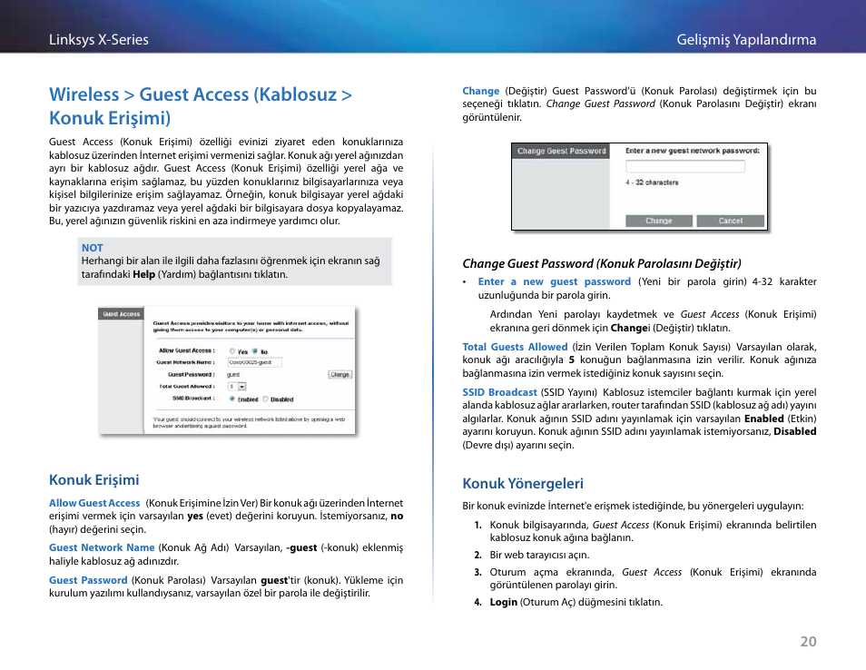 Wireless > guest access (kablosuz > konuk erişimi), Konuk erişimi, Konuk yönergeleri | 20 gelişmiş yapılandırma linksys x-series | Linksys X-Series User Manual | Page 700 / 765