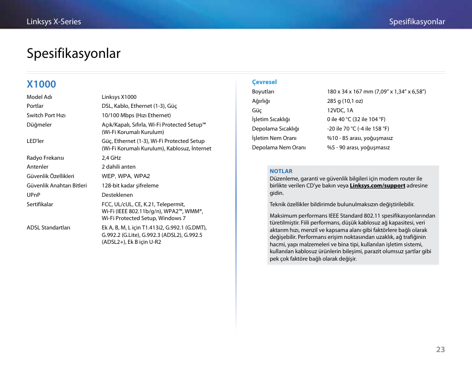 Spesifikasyonlar, X1000 | Linksys X-Series User Manual | Page 703 / 765