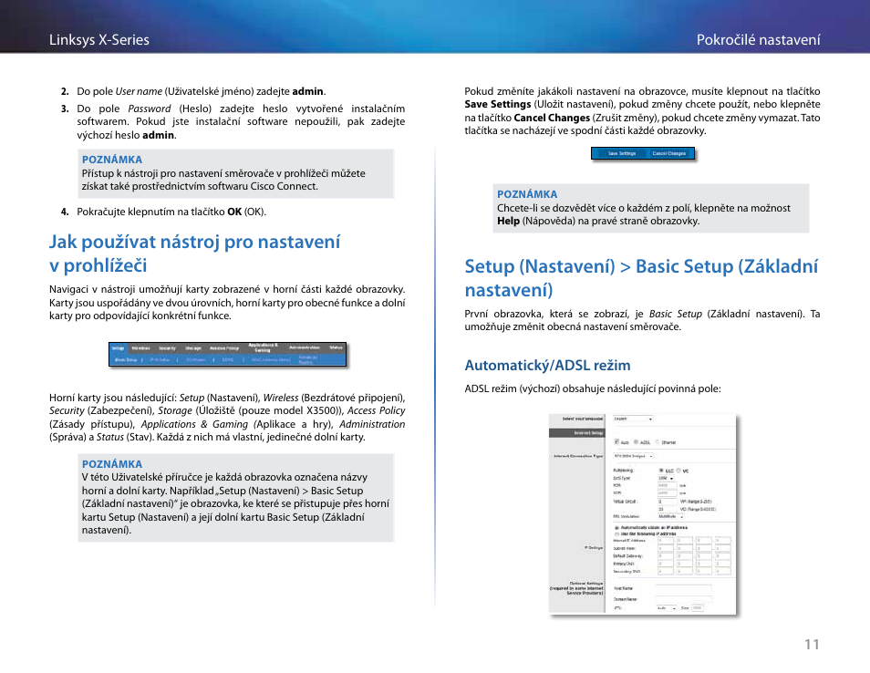 Jak používat nástroj pro nastavení v prohlížeči, Automatický/adsl režim | Linksys X-Series User Manual | Page 71 / 765