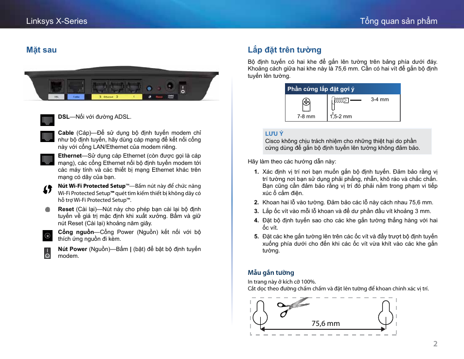 Mặt sau, Lắp đặt trên tường, 2tổng quan sản phẩm linksys x-series mặt sau | 75,6 mm | Linksys X-Series User Manual | Page 740 / 765