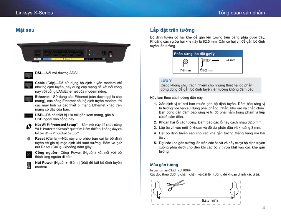 Mặt sau, Lắp đặt trên tường, 4tổng quan sản phẩm linksys x-series mặt sau | Linksys X-Series User Manual | Page 742 / 765