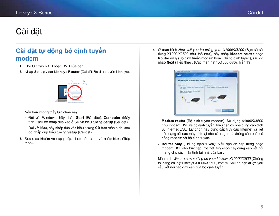 Cài đặt, Cài đặt tự động bộ định tuyến modem, 5cài đặt linksys x-series 5 | Linksys X-Series User Manual | Page 743 / 765