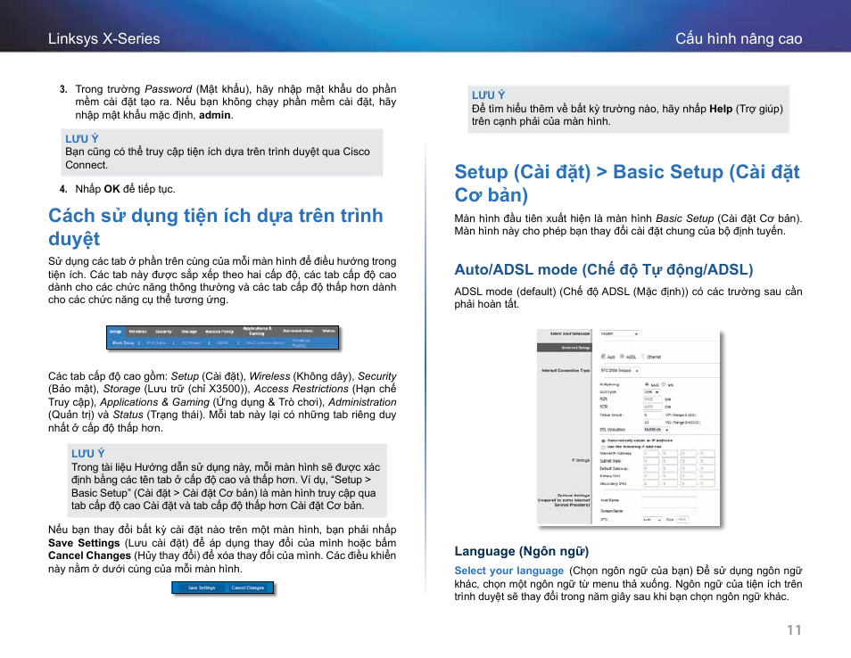 Cách sử dụng tiện ích dựa trên trình duyệt, Setup (cài đặt) > basic setup (cài đặt cơ bản), Auto/adsl mode (chế độ tự động/adsl) | Linksys X-Series User Manual | Page 749 / 765