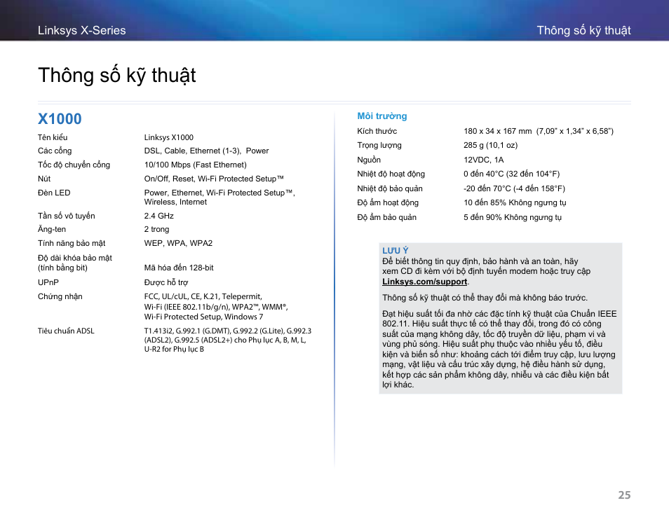 Thông số kỹ thuật, X1000, 25 thông số kỹ thuật linksys x-series 25 | Linksys X-Series User Manual | Page 763 / 765