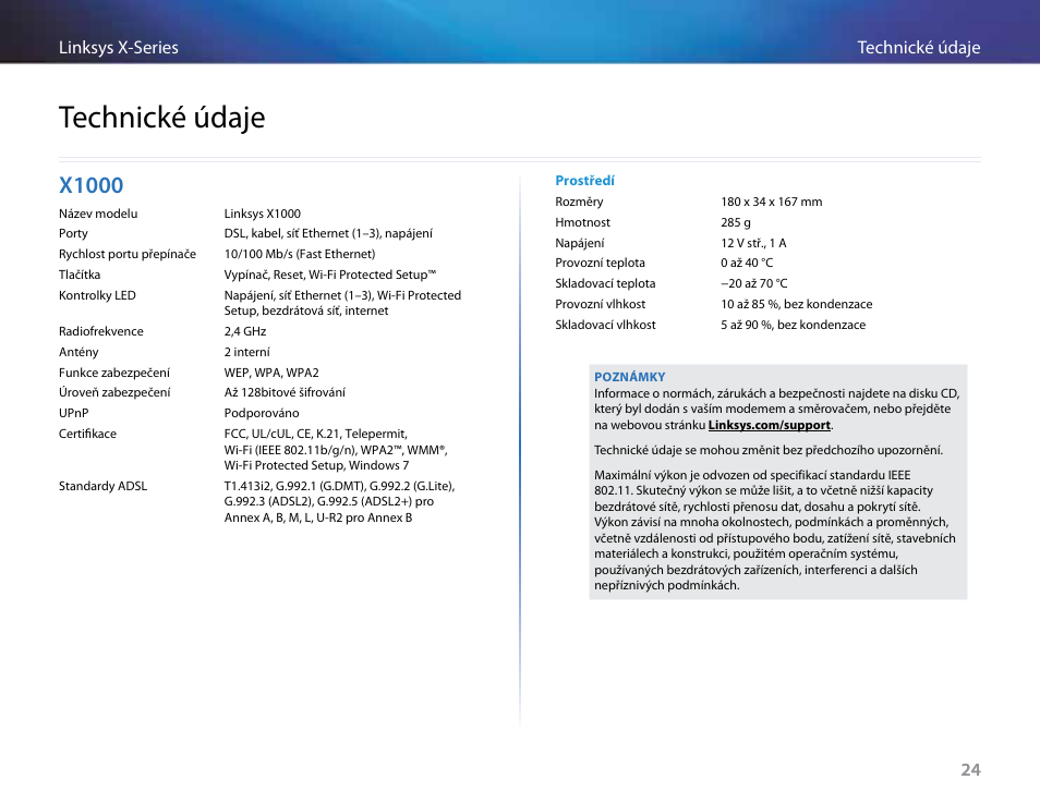 Technické údaje, X1000 | Linksys X-Series User Manual | Page 84 / 765