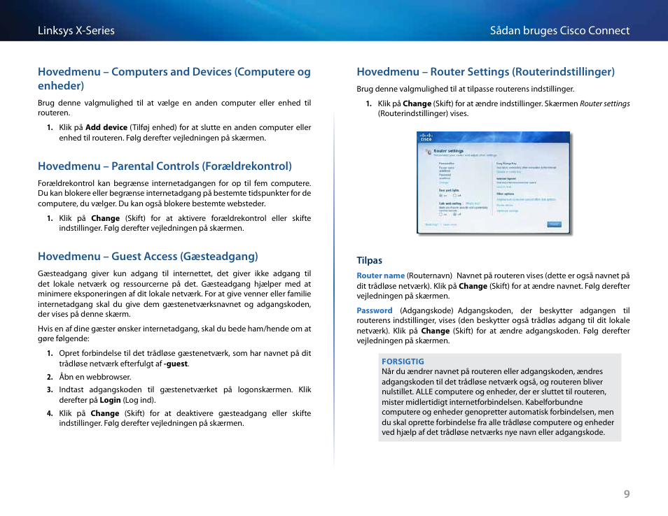 Hovedmenu – parental controls (forældrekontrol), Hovedmenu – guest access (gæsteadgang), Hovedmenu – router settings (routerindstillinger) | Linksys X-Series User Manual | Page 97 / 765