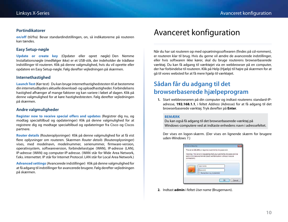 Avanceret konfiguration | Linksys X-Series User Manual | Page 98 / 765