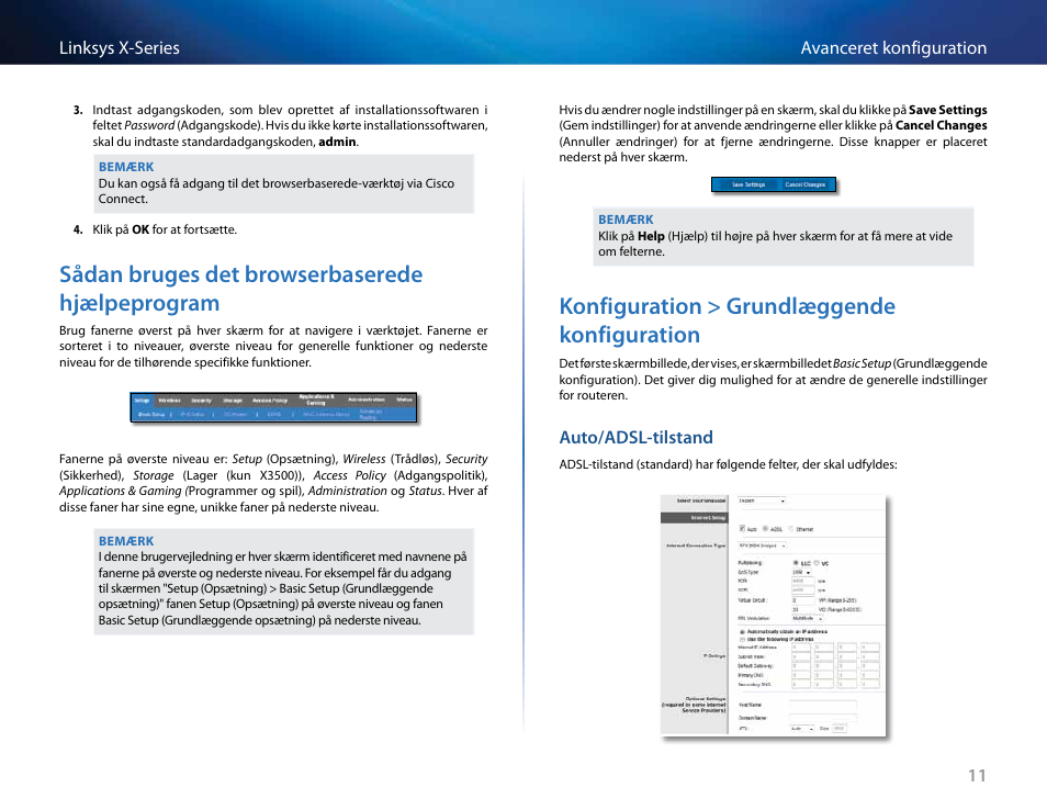 Sådan bruges det browserbaserede hjælpeprogram, Konfiguration > grundlæggende konfiguration, Auto/adsl-tilstand | Linksys X-Series User Manual | Page 99 / 765